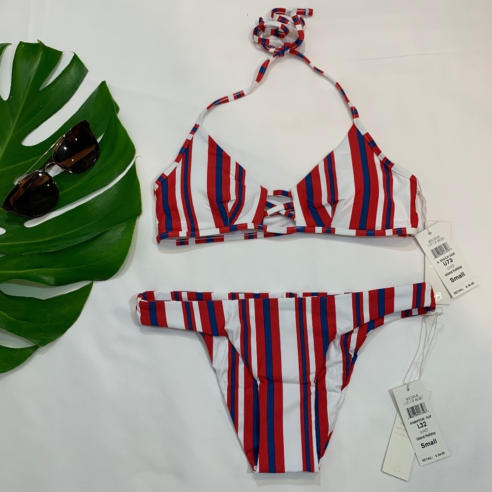NWT B. Swim Stripe Set Halter Bikini Top + cheeky Bottom XS Small Medium Large